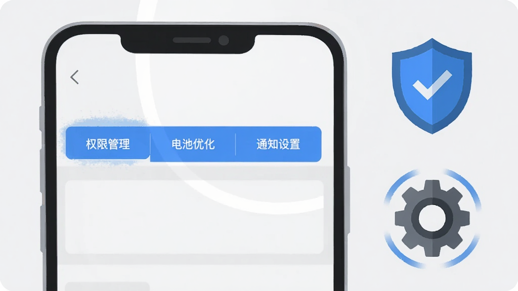 画面主体是一部手机屏幕显示设置界面,界面中包含“权限管理”“电池优化”“通知设置”三个选项卡,手机旁边放置一个盾牌图标与一个齿轮图标;布局为手机居中偏左,图标在右侧上下排列;排版清晰,选项卡横向排列;风格为扁平化系统设置界面插画,浅灰背景搭配蓝色高亮;细节上盾牌图标带有对勾标记,齿轮带有旋转线条;画质清晰,干净,无多余元素