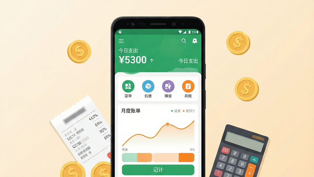 手机应用商店展示页风格,画面中央是一部竖屏安卓手机,手机屏幕上显示记账羊App主界面,界面包含今日支出数字、分类图标和月度账单曲线,手机旁边散落着金币、小票和计算器元素,整体布局居中对称,背景为浅米色渐变,风格简洁清爽扁平化,细节上突出绿色与橙色搭配的记账按钮,画质高清,画面干净,无多余元素