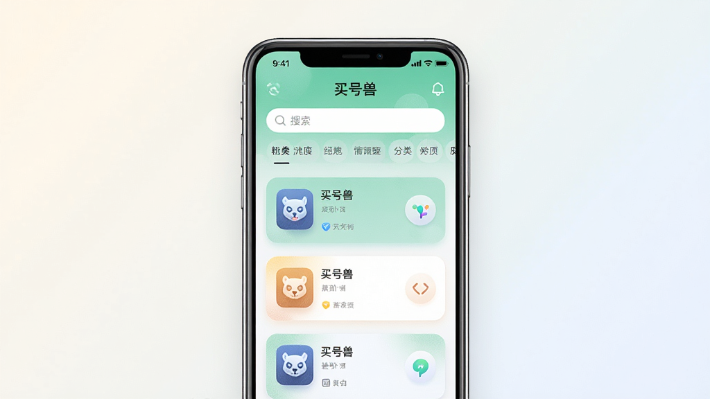 一张展示手机应用界面的效果图,画面中央是一部竖屏智能手机,屏幕上呈现“买号兽”应用主界面,包含账号列表卡片、搜索栏和分类标签,背景为浅色渐变,整体布局居中对称,风格为简洁现代扁平化设计,细节上突出卡片圆角与图标质感,画质清晰干净,无多余元素