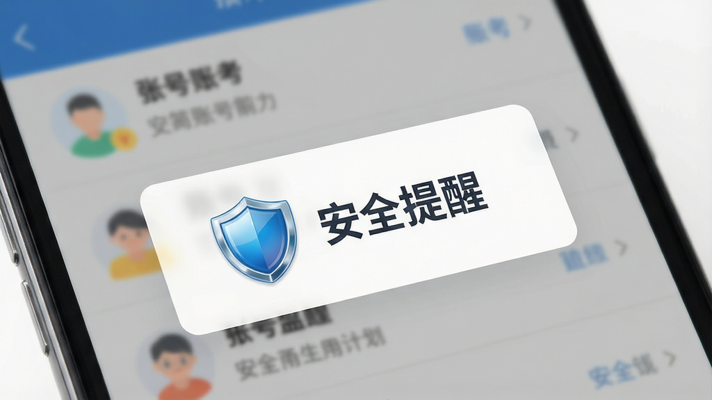 一张展示安全提醒功能的效果图,画面为手机屏幕特写,屏幕中央弹出一个盾牌图标与“安全提醒”字样的提示框,背景为模糊的账号列表界面,风格为清爽扁平化设计,细节上盾牌带有光泽质感,画质清晰干净,无多余元素