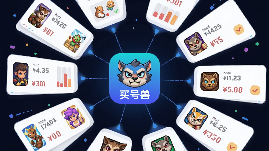 一张展示信息聚合检索功能的概念图,画面主体为多个数据卡片从四周汇聚到中央的“买号兽”应用图标,布局呈放射状,风格为科技感扁平插画,细节上卡片带有游戏图标和价格标签,画质清晰干净,无多余元素