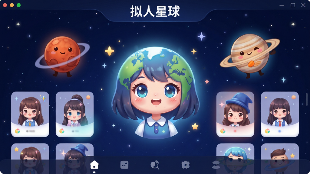 拟人星球软件主界面展示图,画面中央为拟人化的地球少女形象,周围环绕火星、木星等拟人角色图标,整体采用深蓝星空背景,布局为上中下结构,顶部显示软件名称“拟人星球”,中部为角色卡片网格,底部为导航栏,风格为二次元卡通插画风,细节包含星光点缀与柔和渐变光效,画质清晰干净,无多余元素