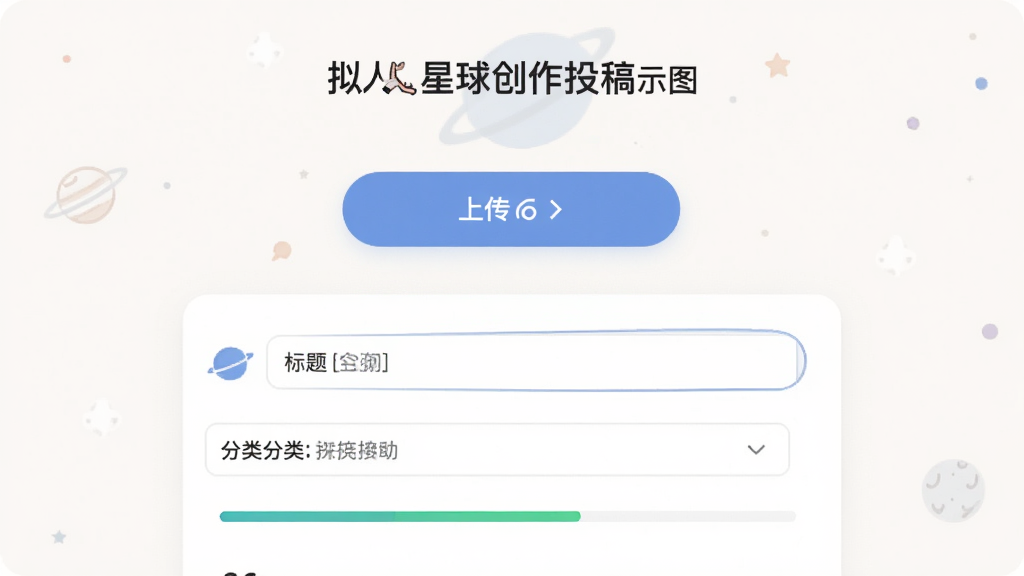 拟人星球创作投稿页面示意图,画面中央为上传按钮与表单填写区域,表单包含标题输入框与分类下拉菜单,背景为浅色系,布局为上下结构,风格为简洁UI设计,细节包含图标点缀与进度提示条,画质清晰,画面干净整洁