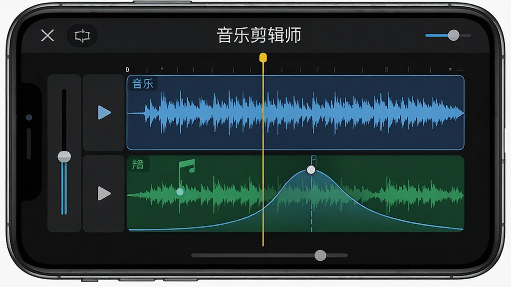 音乐剪辑师多轨混音界面展示,手机屏幕上有两条音频轨道,一条是人声波形,一条是背景音乐波形,轨道上有音量调节滑块和淡入淡出曲线,界面顶部标注“音乐剪辑师”,整体布局规整,风格科技感,画质清晰无杂乱