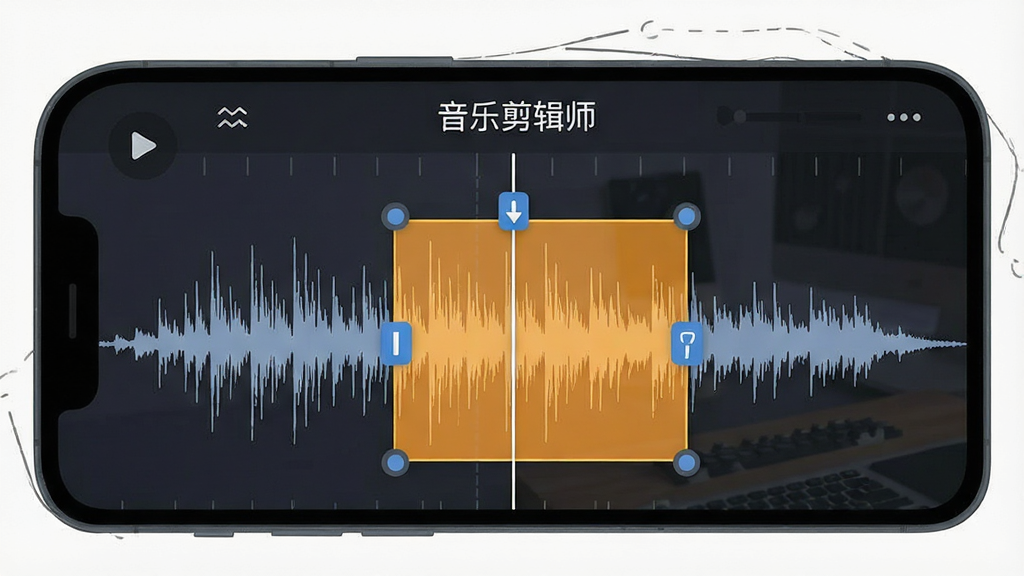 一张音乐剪辑师音频裁剪界面的示意图,手机屏幕上显示清晰的音频波形,波形上有两个可拖动的裁剪标记,标记之间高亮显示选中区域,界面顶部有“音乐剪辑师”字样,风格清爽扁平化,细节清晰,画质干净