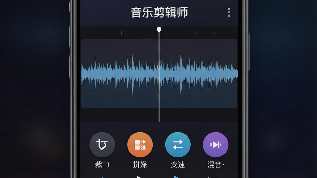 一张手机屏幕特写,画面中央是音乐剪辑师应用的主界面,顶部显示软件名称“音乐剪辑师”,中间是音频波形编辑区域,底部排列裁剪、拼接、变速、混音等圆形功能按钮,背景为深色渐变,整体风格简洁现代,UI排版清晰,画质干净细腻,无多余元素
