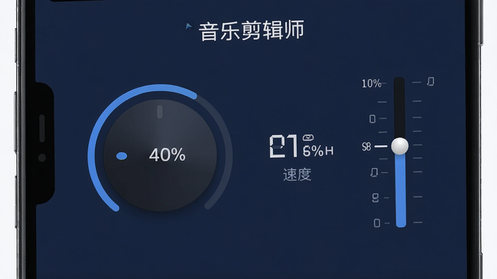 音乐剪辑师变速变调功能界面,手机屏幕上显示一个圆形旋钮和速度百分比数值,旁边有音调升降的半音刻度条,背景为深蓝色,界面中带有“音乐剪辑师”名称标识,风格简洁直观,画质干净