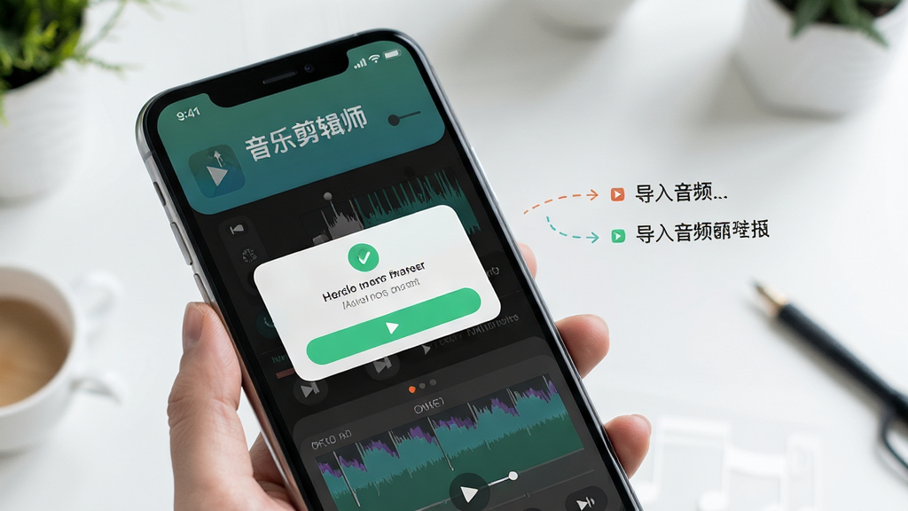 音乐剪辑师新手操作示意图,手机屏幕上显示权限授权弹窗和导入音频的步骤指引,界面中有“音乐剪辑师”标识,画面风格清新,排版清晰,细节干净,画质细腻