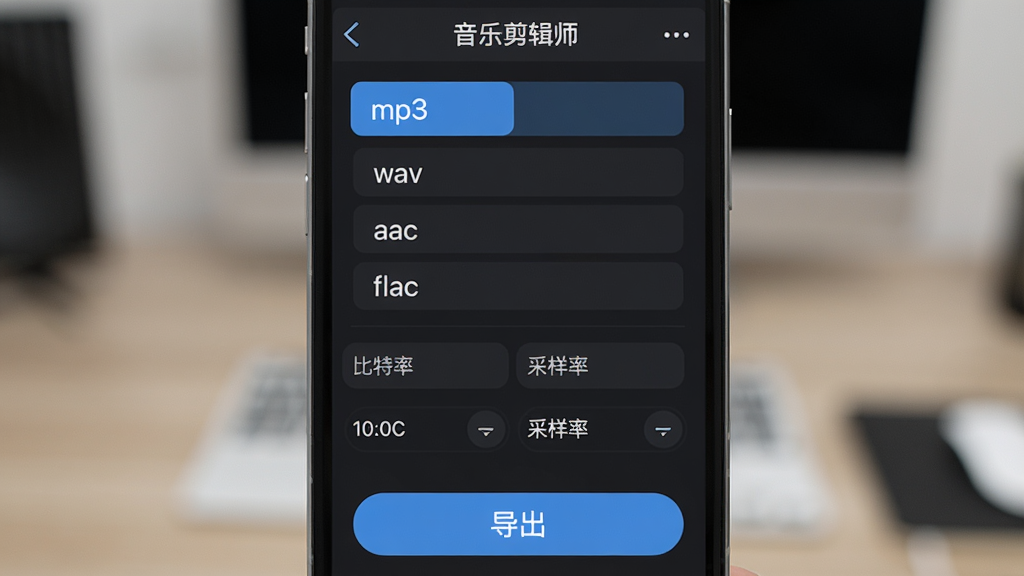音乐剪辑师导出设置界面,手机屏幕上列出mp3、wav、aac、flac等格式选项,下方有比特率和采样率选择项,底部是导出按钮,界面顶部显示“音乐剪辑师”,风格清爽,排版整齐,画质细腻