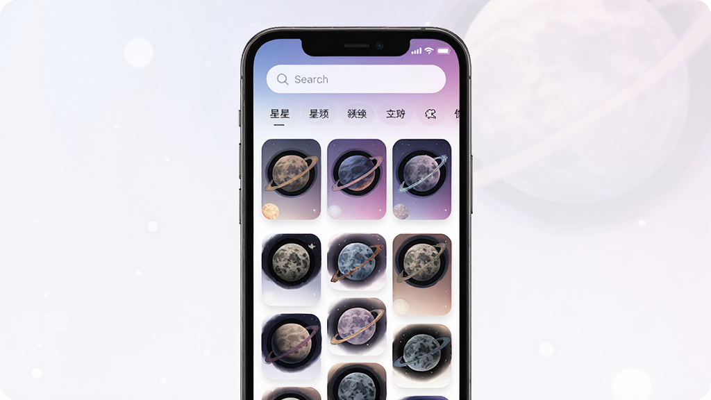 主体为一部智能手机屏幕,屏幕中央展示头像星球APP主界面,界面内整齐排列多张圆形星球主题头像缩略图,布局采用上下分层结构,上方为搜索栏与分类标签,下方为瀑布流头像展示区,整体排版简洁清晰,风格为扁平化现代UI设计,细节包含星球纹理头像、渐变背景、圆角卡片,画质高清,画面干净,无多余元素