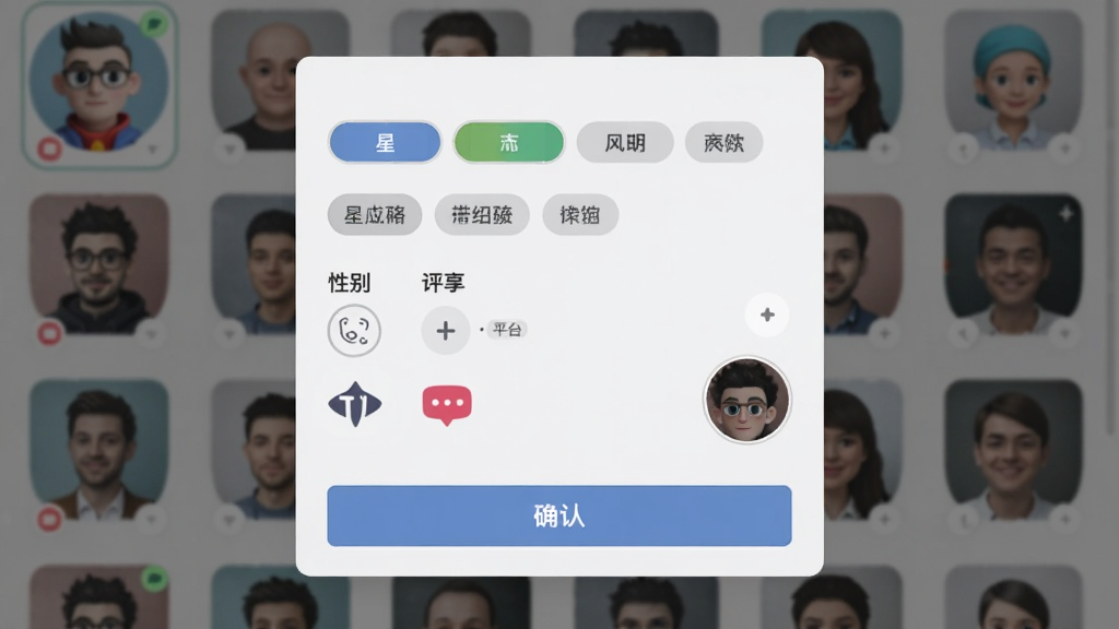 画面主体为头像星球软件的筛选设置面板,布局为浮层弹窗形式覆盖在头像列表上方,排版为多行标签选择区与底部确认按钮,风格为浅灰质感扁平设计,细节展示颜色色块、风格标签、性别选项、平台图标、圆形裁切预览小窗,画质清晰,画面干净,无多余元素