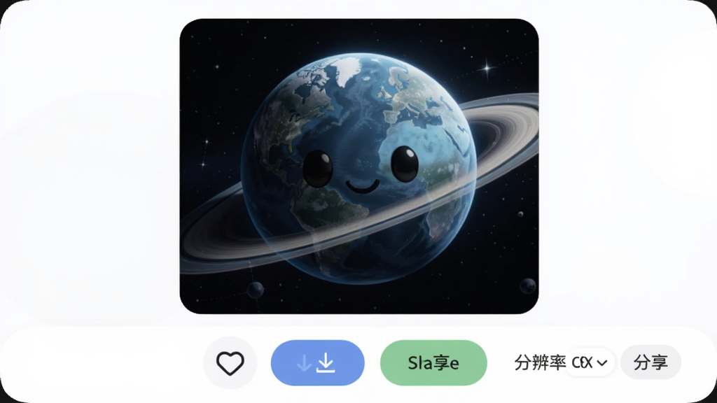 主体为头像星球软件的头像预览与保存界面,布局为中央大图预览区加底部操作按钮栏,排版居中对称,风格为柔和圆角卡片式设计,细节包含高清星球头像大图、收藏图标、下载按钮、分享按钮、分辨率选择标签,画质高清,画面干净,无多余元素