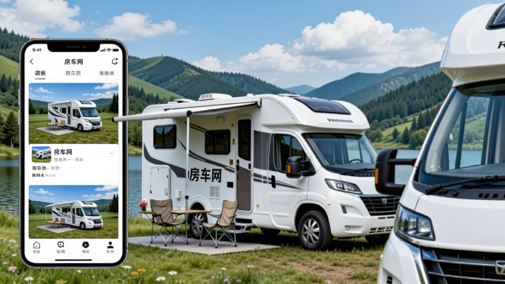 画面中央是一辆白色现代房车,停靠在湖边露营地,背景是青山绿水和蓝天白云,房车车身侧面印有“房车网”三个字,画面左侧是手机界面展示房车网APP的房源列表和图片,右侧是房车特写细节,整体布局为横向三分构图,风格为写实摄影加UI展示,细节包括房车车窗、遮阳棚、露营桌椅,画质清晰干净,无多余元素