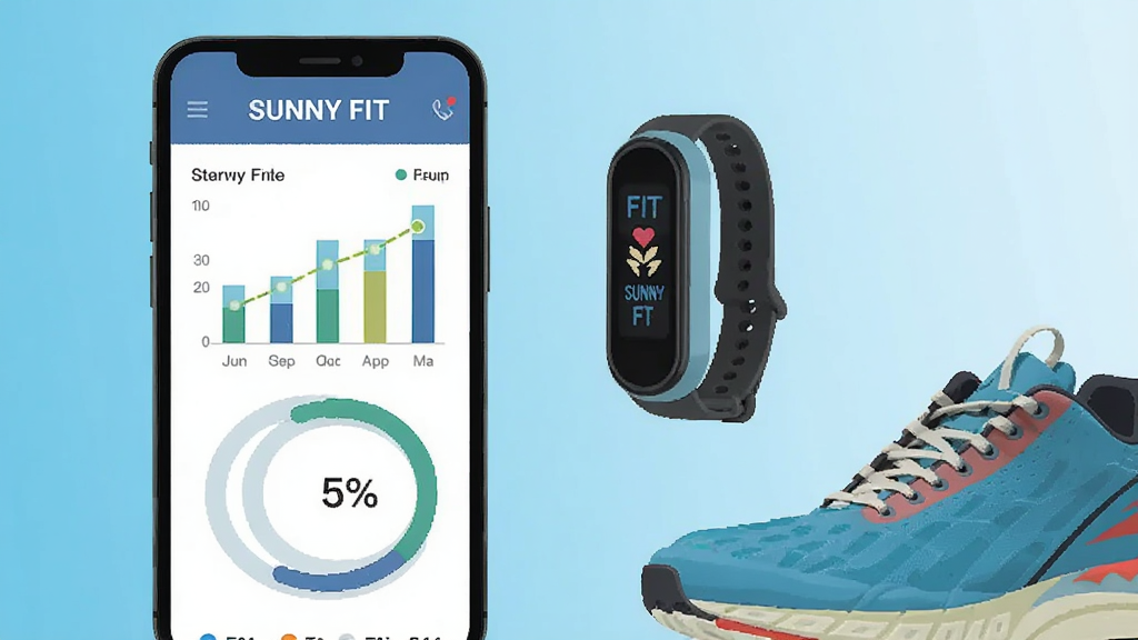 手机屏幕展示“SUNNY FIT”运动数据统计页面,页面内有柱状图与环形进度条,旁边配有一个运动手环和一双跑鞋,背景为浅蓝色渐变,扁平化设计风格,排版整齐,细节清晰,画质干净