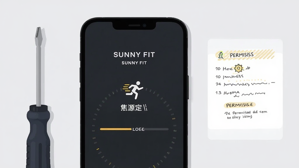 手机屏幕显示“SUNNY FIT”应用安装完成后的启动画面,画面中有加载进度条与运动图标,手机旁放置一把螺丝刀和一张权限设置示意卡片,背景为浅灰色,扁平插画风格,构图清晰,画质干净无多余元素