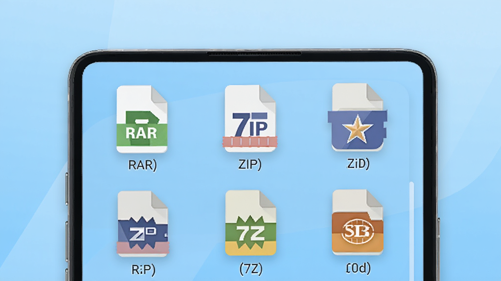 rarzip��ѹ��ר�ҹ���չʾͼ������������һ�������ֻ�����Ļ����ʾ�����ͬ��ʽ��ѹ����ͼ�꣨RAR��ZIP��7Z�ȣ��������У�ÿ��ͼ���Ա�ע��ʽ���ƣ�����Ϊǳ��ɫ���䣬����ƽ����ƣ�ϸ�����������ʸɾ����޶���װ��Ԫ��