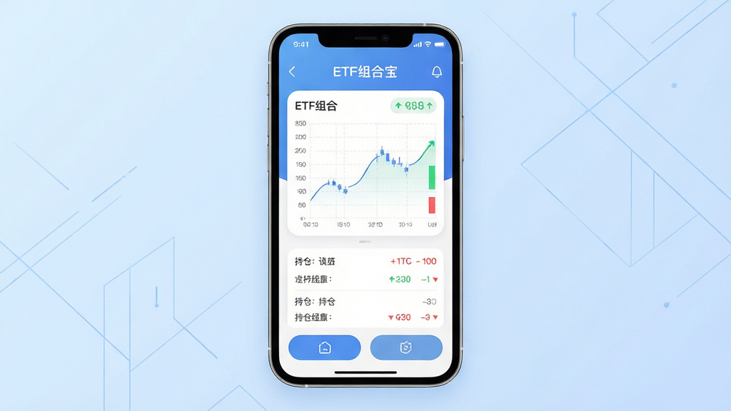 ETF��ϱ�Ӧ��������չʾ���ֻ���Ļ���з��ã���Ļ�ڳ���ETF�������������ֲ��б�������Ϊǳ��ɫ�������༸�������������ϱ�����ϡ�ͼ�����С����ܰ�ť���£����Ϊ�ִ����ڿƼ���ƽ����ƣ�ϸ�ڰ���ϸ�����ߡ�Բ�ǿ�Ƭ����ɫ���Ǻ�ɫ�µ���ʶ�����������ɾ����޶���Ԫ��
