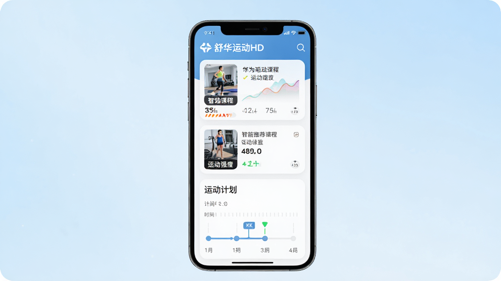 ����Ϊ�ֻ���Ļ��ʾ�滪�˶�HD�ĸ��Ի�����ҳ�棬ҳ�����������Ƽ���Ƭ���˶��ƻ���������Ϊ�ֻ����С���Ƭ�������У����Ϊ���ܽ������������������ϸ�ڰ����Ƽ��γ̷��桢�˶�ǿ�ȱ�ʶ���ƻ�ʱ���ᣬ����Ϊ����4K������ɾ����࣬����Ϊǳ��ɫ���䣬�޶���װ��Ԫ��