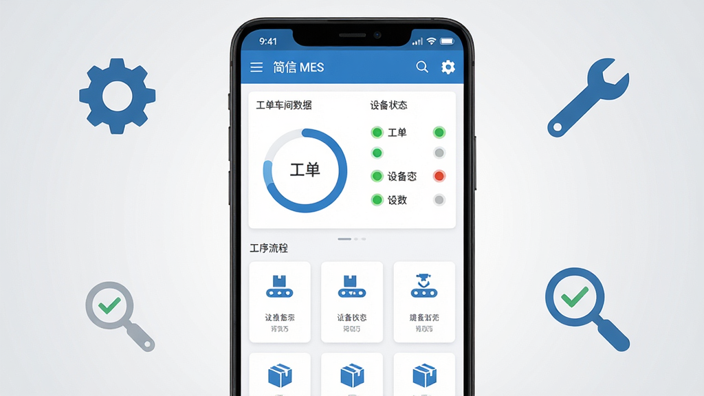 ����������һ��������׿�ֻ�����Ļ��չʾ����MESӦ�������棬�����Ϸ�Ϊ�����������ݿ��壬�����������Ȼ���ͼ���豸״ָ̬ʾ�ƣ��·����й�����ת��Ƭ���ֻ������Ա�ƽ��ͼ���׺���֡����֡��ʼ�Ŵ󾵵�����Ԫ�أ������������������ɫ������Ϊǳ��ɫ���䣬������ִ���ϸ�����������ʸɾ��������޶���װ��Ԫ��