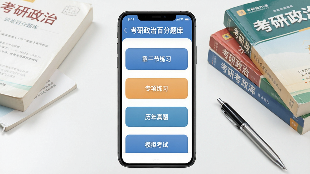 一张展示考研政治百分题库软件界面的手机截图,画面中央是手机屏幕,屏幕内显示题库练习页面,顶部有“考研政治百分题库”字样,页面中排列着章节练习、专项练习、历年真题、模拟考试等入口按钮,背景为干净的书桌场景,旁边放置几本考研政治教材和一支笔,整体风格清新明亮,布局为横向构图,细节清晰,画质高清,干净无多余元素