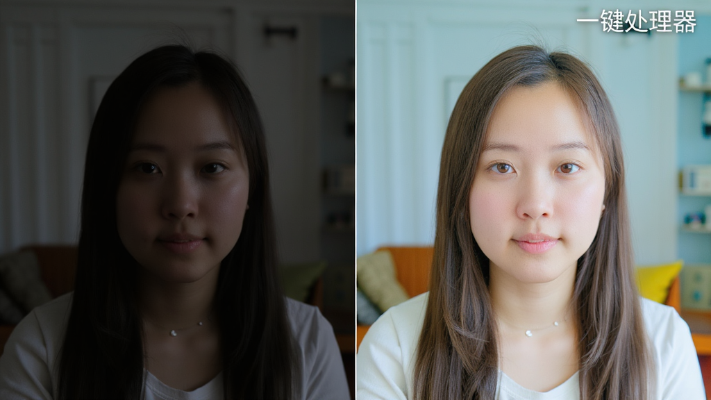 一张分屏对比图,左侧为偏暗偏灰的原始室内人像照片,右侧为经过“照片处理器”一键优化后明亮通透的同张照片,画面中间有细竖线分隔,布局为左右对称,风格为写实摄影展示,细节包含照片中人物面部亮度提升、背景色彩更饱满,画质清晰,干净,无多余元素