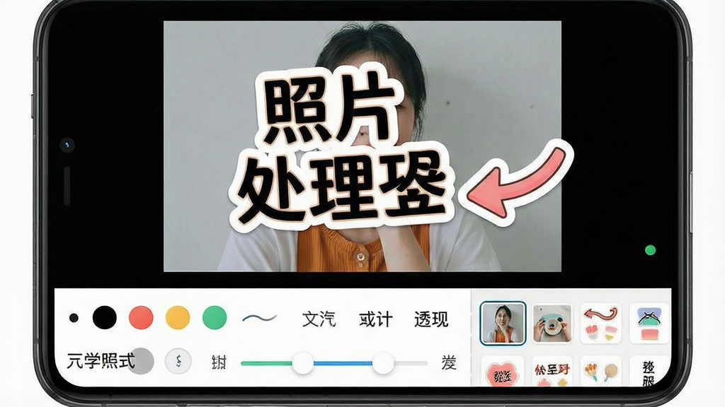 一张手机界面展示图,画面为“照片处理器”的文字贴纸编辑页面,照片上已添加一段白色描边文字与一个箭头贴纸,屏幕下方为文字样式工具栏与贴纸分类栏,布局为上下分层,风格为活泼清新的移动应用界面,细节包含字体颜色选择圆点、透明度滑杆、贴纸缩略图网格,画质高清,干净,无多余元素