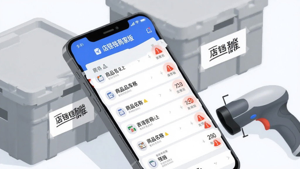画面主体是一部手机显示“店铛铛商家版”的库存预警界面,列表中有商品名称与库存数量,部分条目带有红色提醒标识;手机旁边放着贴有标签的储物箱与扫码枪;构图采用斜侧视角,层次分明;风格为简洁商务插画,配色以蓝白灰为主;细节上预警标识醒目,列表排列整齐;画质清晰,背景干净。