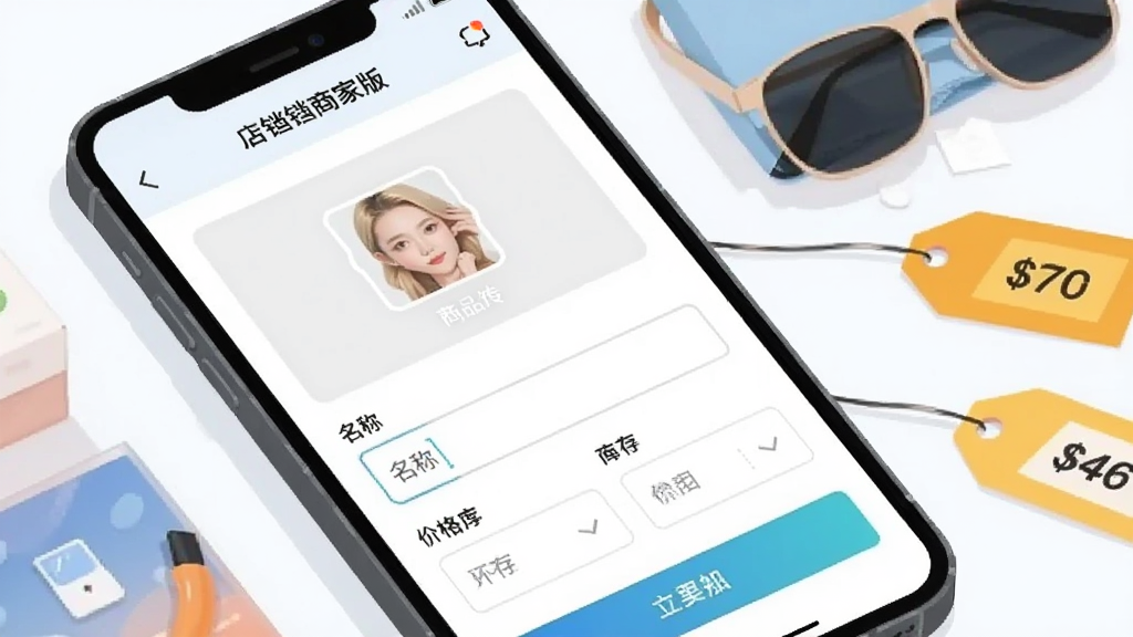 画面主体是一部手机屏幕特写,界面中显示“店铛铛商家版”的商品编辑页面,有商品图片上传框、名称输入框与价格库存填写栏;手机旁摆放几件小商品与价签;构图采用近景平视,突出屏幕内容;风格为扁平化商业插画,配色明亮干净;细节上输入框与按钮层次分明,界面留白合理;画质清晰,无杂乱背景元素。