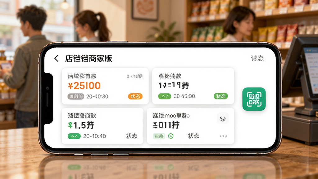 画面主体是手机界面展示“店铛铛商家版”的订单列表页,订单卡片带有金额、时间与状态标签,旁边有扫码收款的小图标;手机放在收银台面上,背景有模糊的顾客身影与货架;构图以手机为视觉中心,略带景深;风格为写实感商业插画,色调温暖;细节上订单状态颜色区分明显,数字清晰;画质高清,画面整洁。