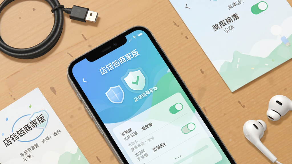 画面主体是一部手机屏幕显示“店铛铛商家版”的权限设置引导页面,旁边有盾牌图标与勾选标记;手机平放在桌面上,周围有数据线、说明书与耳机;构图采用俯视平铺,元素分布均衡;风格为简洁信息图插画,配色以蓝绿为主;细节上权限开关与提示文字清晰可辨;画质高清,画面干净无杂物。