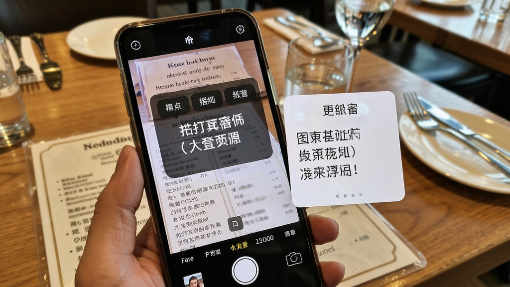 �����ʦ���շ��빦��չʾ���ֻ�����ͷ��׼һ��Ӣ�Ĳ˵�����Ļ������ʾ���ķ��븡�㣬��������ȡ�ʿ��뷭������Ƭ������Ϊ�������滷�������дʵ����������ͻ���ֻ���Ļ���ݣ����ʸɾ���������Ԫ��