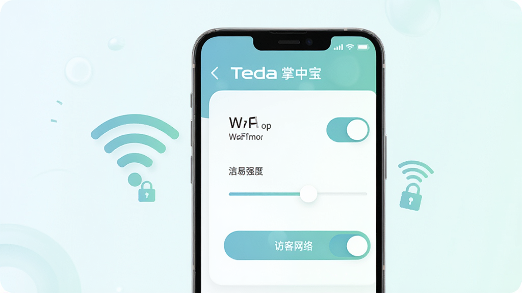 �ֻ���Ļչʾ��Tenda ���б�����WiFi���ý��棬������������Ƶ���л����ء��ź�ǿ�Ȼ����Լ����ÿ����硱���ذ�ť���ֻ��Ա�Ư����WiFi�źŲ���ͼ���һ��С��ͼ�꣬�������簲ȫ�����������͵�����ɫ���������ɾ���࣬��ͼ���ֻ�Ϊ�Ӿ����ģ����ʸ��壬������Ԫ��