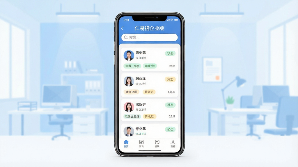 һ���ֻ�Ӧ�ý���չʾͼ������Ϊ����������ҵ�桱��Ƹ������������ҳ�棬�����������һ�����������ֻ�����Ļ�ڳ��ָ�λ�б����ѡ�˿�Ƭ����Ϣ�����֣�����Ϊǳ�����ɫ����ļ��칫���������Ϊ�ִ���ƽ��UIչʾ�磬ϸ�ڰ����������������ײ�������ͼ�ꡢ��Ƭʽ��λ��Ŀ��״̬��ǩ�����������ɾ����޶���װ��Ԫ��