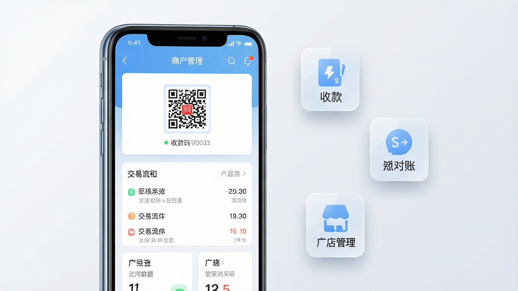 画面主体为一台竖屏智能手机,屏幕中央展示商户管理类应用界面,包含收款码、交易流水列表与门店数据卡片;手机置于画面正中偏左,右侧以悬浮方式排列三个半透明功能图标,分别代表收款、对账与门店管理;整体采用简洁扁平化风格,浅蓝与白色为主色调,背景为干净的浅灰渐变;细节上手机边缘有轻微反光,图标带有柔和投影,界面文字清晰但不过分密集;画质清晰,干净整洁,无多余元素