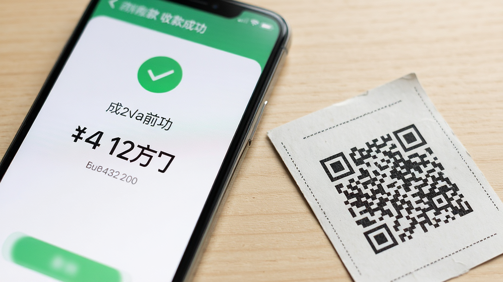 画面主体为一部手机屏幕特写,屏幕显示收款成功状态与金额数字,手机旁边放置一张打印出的收款二维码卡片;布局上手机占画面左侧三分之二,二维码卡片斜靠在右下角;风格为写实产品展示风,光线柔和,背景为浅木色桌面;细节上手机界面有绿色对勾图标与金额文字,二维码卡片边缘有轻微纸张纹理;画质清晰,干净利落,无多余元素
