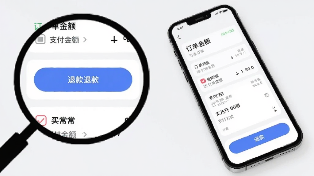 画面主体为手机屏幕展示订单详情与退款操作界面,屏幕上有订单金额、支付方式与退款按钮;手机斜放在画面右侧,左侧以放大镜效果突出订单列表中的异常标记;风格为清爽浅色扁平风,配色为白色、浅灰与蓝色按钮;细节上退款按钮有圆角,订单卡片有序排列;画质清晰,干净无杂乱