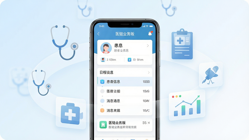 画面主体为一部竖屏智能手机,屏幕中央展示医疗健康类应用界面,界面包含患者信息卡片、日程列表与消息通知模块,手机周围环绕半透明的医疗图标如听诊器、病历夹与数据图表;布局采用居中构图,手机占据画面视觉中心,背景为浅蓝与白色渐变的简洁空间;风格为现代扁平化UI展示风格,细节上强调界面元素的层次感与文字清晰度,屏幕内可见