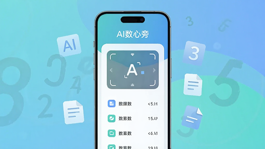 画面主体为一部竖屏智能手机,屏幕中央显示简洁的软件界面,界面顶部有“AI数心旁”字样,界面中部为数字识别框与数据列表,布局为居中构图,手机两侧漂浮着半透明的数字符号与文档图标,风格为现代科技感扁平插画,细节包括柔和的蓝绿色渐变背景、圆角图标、清晰的文字层级,画质清晰干净,无多余装饰元素