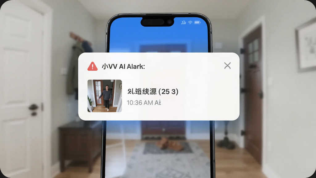 �ֻ���Ļ����СVV AI�澯֪ͨ��Ƭ����Ƭ����ʾ�ſ����˾�����ץ������ͼ��ʱ����Ϣ������Ϊ�黯�ļ�ͥ���س�������������Ƽ��У�������ɫ����ϸ�����������ʸɾ����޶���Ԫ��