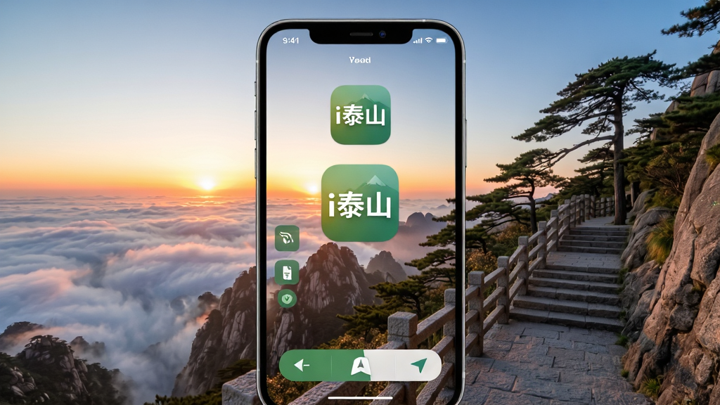 手机屏幕中展示泰山日出与登山步道全景,界面悬浮“i泰山”应用图标,主体居中,布局上下分层,排版简洁,风格写实清新,细节包含云海、石阶、松树与导航按钮,画质清晰干净,无多余元素