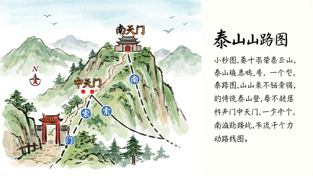 山水手绘风格地图界面,主体为泰山登山路线图,布局左图右文,排版规整,风格清新自然,细节包含红门、中天门、南天门标注与索道图标,画质高清干净,无多余元素