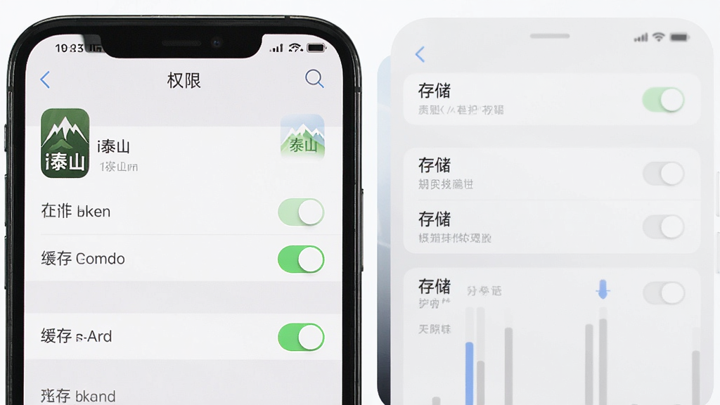 手机界面展示应用权限设置与缓存清理页面,主体为设置菜单与存储条,布局上下排列,排版清晰,风格简洁实用,细节包含“i泰山”图标与权限开关,画质干净清晰,无多余元素