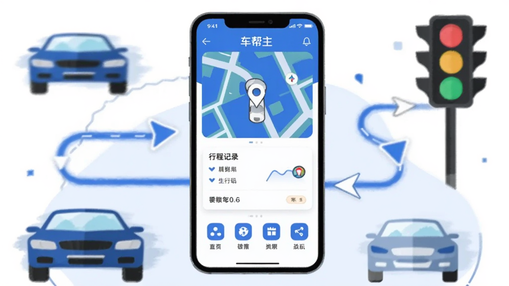 �����������һ�������ֻ����ֻ���Ļ��չʾ������Ӧ�������棬�������������λ��ͼ���г̼�¼��Ƭ�빦��ͼ�꣬�ֻ���Χ��������������·�ߡ����̵Ƶȼ�Լͼ��Ԫ�أ�������ñ�ƽ���廭�����ɫ����ɫ�Ͱ�ɫΪ���������ɾ����࣬�����������޶���װ��Ԫ��