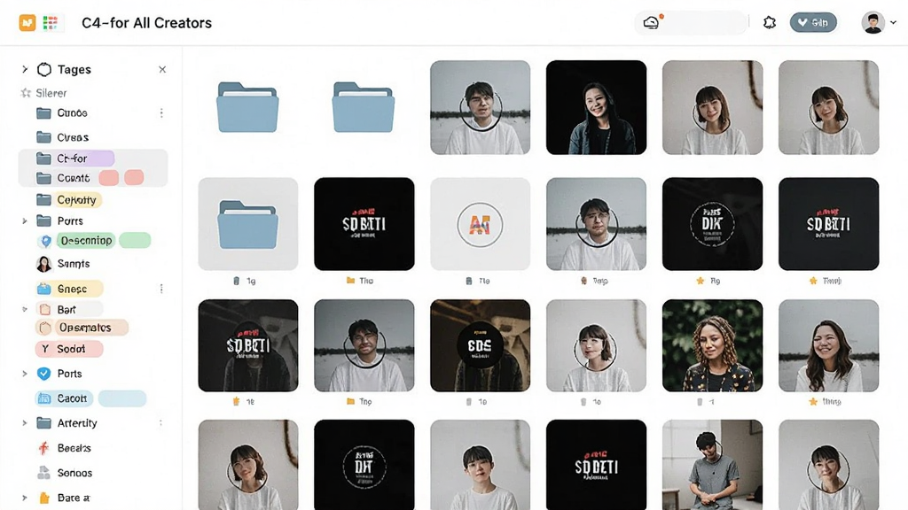 һ��չʾ C4-for All Creators �زĹ鼯���ܵ�ͼƬ����������Ϊ�زĿ���棬����Ϊ����״����ͼ���У����Ϊ��ǩɸѡ��壬�Ű����룬���Ϊ����ǳɫϵ��ϸ�ڰ����ļ���ͼ�ꡢ��ǩɫ��������ͼԤ������������������ɾ����޶���Ԫ��
