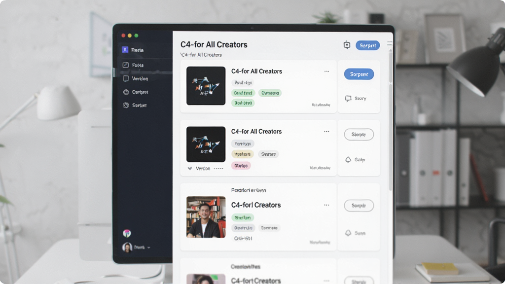 һ��չʾ C4-for All Creators ��Ʒ�������ܵ�ͼƬ����������Ϊ��Ʒ�б����棬����Ϊ����Ƭ�����Ű��������£����Ϊ��Լ����磬ϸ�ڰ����汾��ǡ�״̬��ǩ������ť�����ʸ��壬����ɾ����޶���Ԫ��