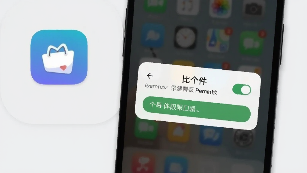 画面展示一部手机屏幕弹出权限授权对话框,旁边有“比个件”软件图标,背景为简洁的浅灰色,风格扁平化,布局清晰,细节包括权限开关与提示文字,画质干净,无多余元素