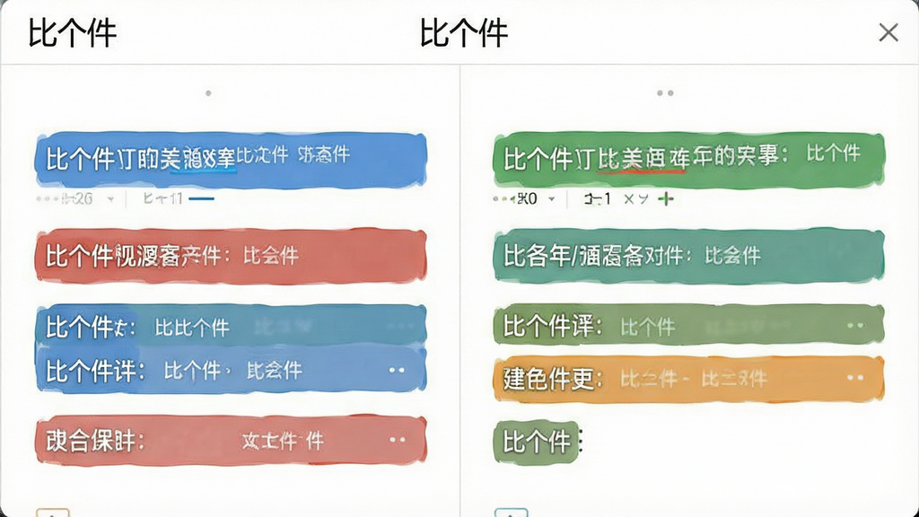 一张简洁的软件界面截图风格图片,画面中“比个件”双栏对照视图,左侧与右侧文本区块以不同颜色标注差异,顶部有软件名称“比个件”字样,布局规整,风格清爽,细节清晰,画质干净,无多余元素