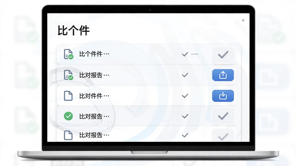 画面展示一台笔记本电脑屏幕,屏幕上呈现“比个件”生成的比对报告列表,条目整齐排列,旁边有导出按钮图标,整体风格商务简洁,布局清晰,细节包括文件与对勾图标,画质干净,无多余元素