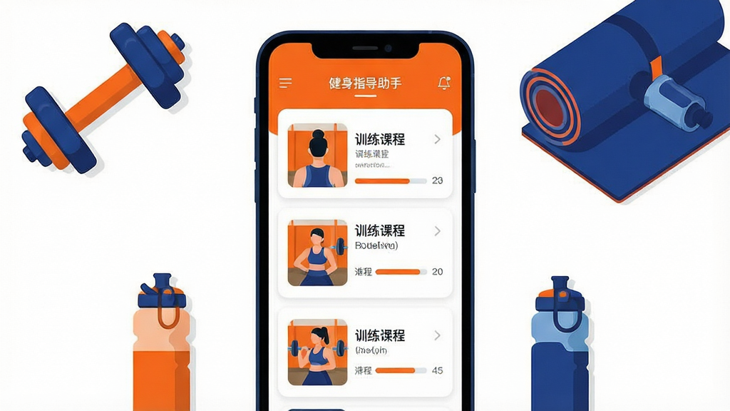 一张手机屏幕展示健身指导助手应用主界面,画面中央是训练课程卡片列表,周围环绕哑铃、瑜伽垫、运动水壶等健身小物件,整体采用扁平化插画风格,配色以活力橙与深蓝为主,布局简洁清晰,细节刻画课程缩略图与进度条,画质清晰干净,无多余元素