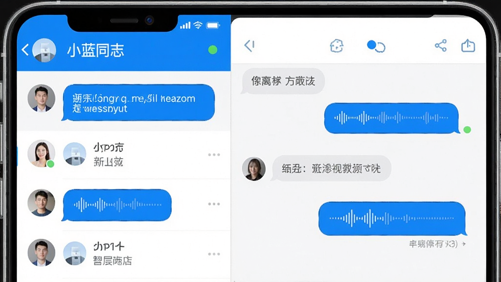 画面主体是一部手机展示小蓝同志交友软件的聊天会话界面,左侧为会话列表、右侧为具体聊天窗口,窗口内有文字气泡与语音条;布局为左右分栏的手机界面示意,排版清晰;风格为现代移动应用界面风,细节上气泡为蓝白配色、语音条带波形、顶部显示在线状态圆点,画质高清、干净、无多余元素